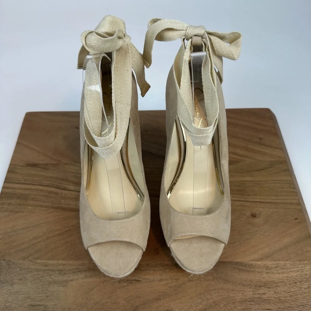 New Womens Jessica Simpson Zavida Beige Ankle Tie Platform Wedges Size 9.5 M‎